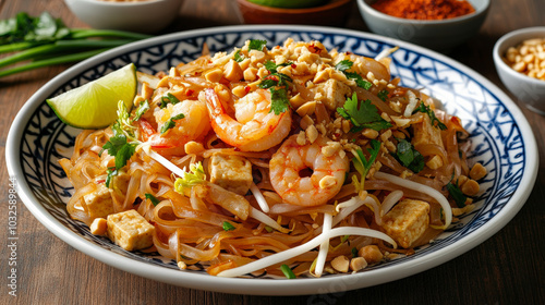 A vibrant plate of shrimp Pad Thai garnished with lime, crushed peanuts, tofu, and fresh herbs, served on a patterned dish.