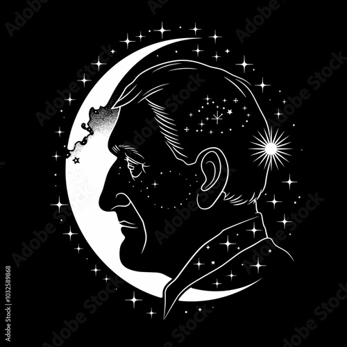 Contemplative Side Profile Silhouette with Moon and Stars Representing Inner Reflection