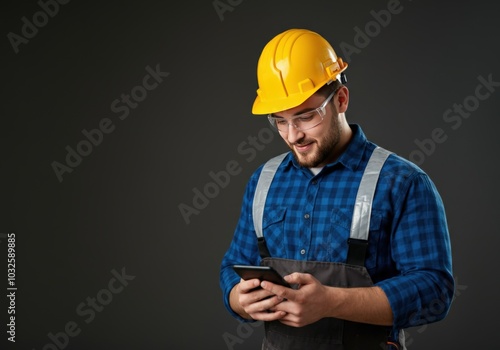 Construction worker using a tablet, smiling