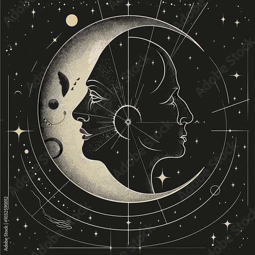 Dual Face Silhouette with Cosmic and Natural Elements Representing Balance of Inner and Outer Worlds