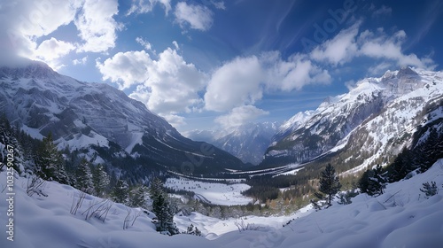 Panoramic view down snow covered valley in alpine mountain range