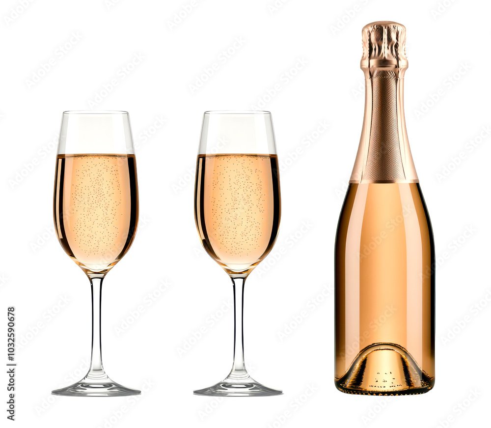 Two champagne flutes and a bottle isolate on transparent background, cutout, png Two champagne flutes and a bottle isolate on transparent background, cutout, png