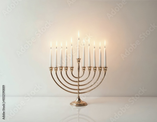 a golden menorah with candles lit up on it on a white surface