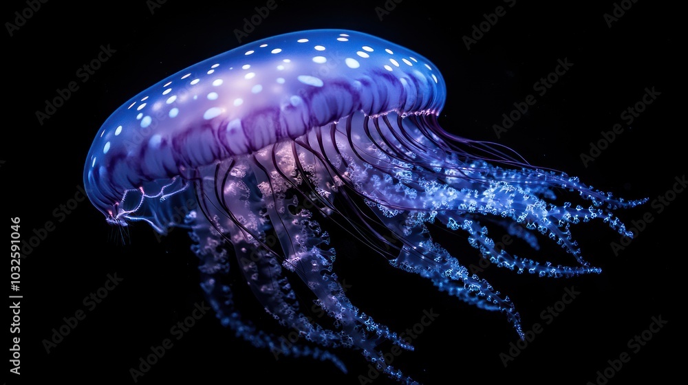 A glowing jellyfish with vibrant colors and flowing tentacles against a dark background. A glowing jellyfish with vibrant colors and flowing tentacles against a dark background.