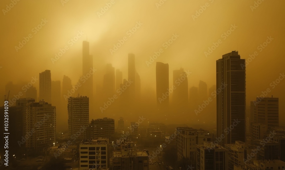City skyline shrouded in heavy smog. City skyline shrouded in heavy smog.