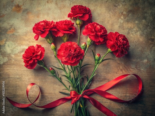 Vintage Red Carnation Flowers with Ribbon - Elegant and Isolated photo