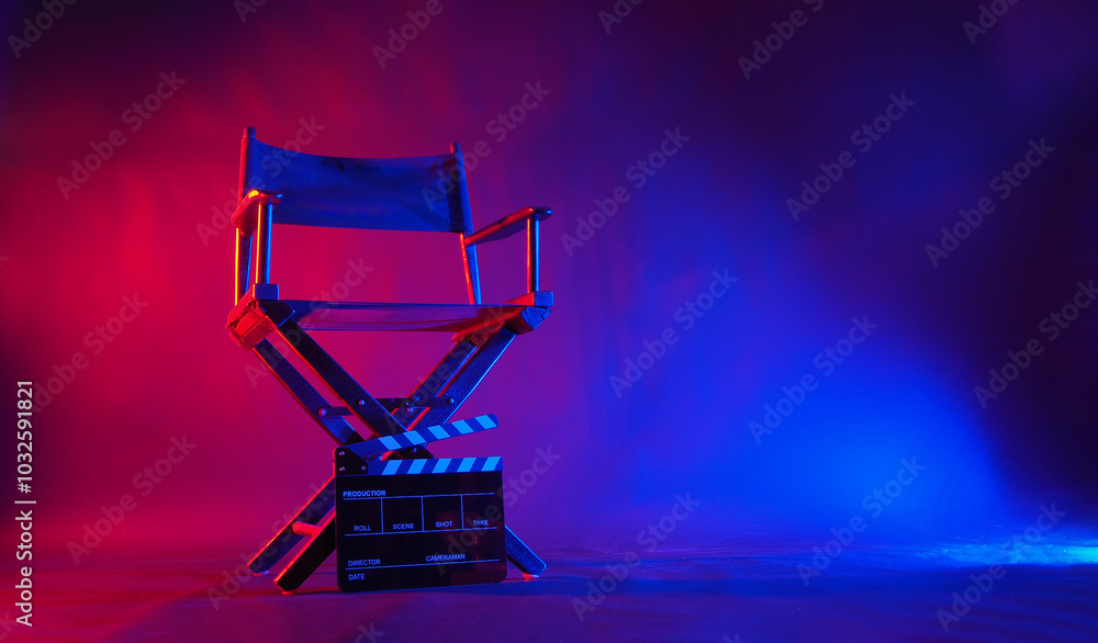 Black Director chair and clapper board in red and blue light color with black background. Black Director chair and clapper board in red and blue light color with black background.