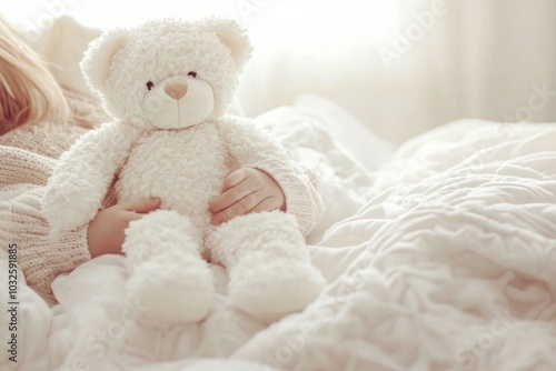 Soft Teddy Bear in Cozy White Bedroom with Dreamy Atmosphere