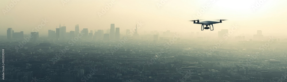 Drone flying over a hazy urban skyline at sunset Drone flying over a hazy urban skyline at sunset