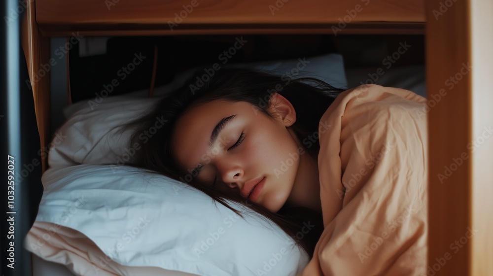 Young woman peacefully asleep on soft pillows in a cozy bedroom, with warm lighting creating a tranquil atmosphere Young woman peacefully asleep on soft pillows in a cozy bedroom, with warm lighting creating a tranquil atmosphere