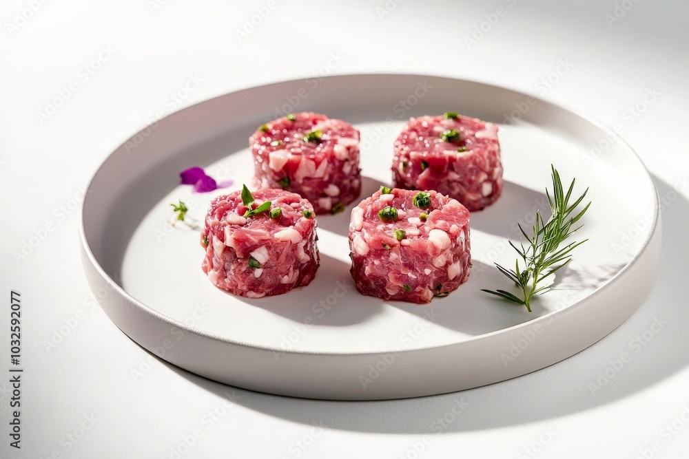 Steak Tartare arranged on a minimalist plate, with studio lighting casting soft shadows to enhance the presentation and garnishes Steak Tartare arranged on a minimalist plate, with studio lighting casting soft shadows to enhance the presentation and garnishes