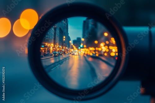 City Street Through Camera Lens at Dusk with Bokeh Lights