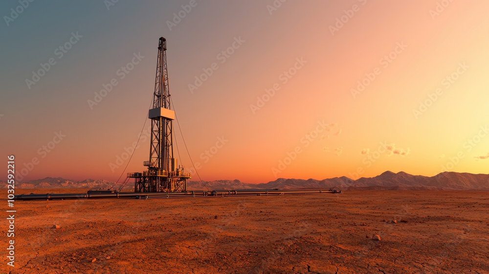 Drilling rig in desert at sunset, surrounded by mountains and pipelines, showcasing industrial activity in remote location. scene evokes sense of isolation and vastness Drilling rig in desert at sunset, surrounded by mountains and pipelines, showcasing industrial activity in remote location. scene evokes sense of isolation and vastness