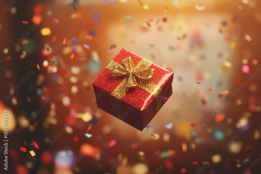 Vibrant Celebration with Red Gift Box and Golden Ribbon Vibrant Celebration with Red Gift Box and Golden Ribbon