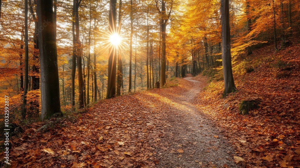 Obraz premium A winding path through a forest with golden leaves and a sunburst shining through the trees.