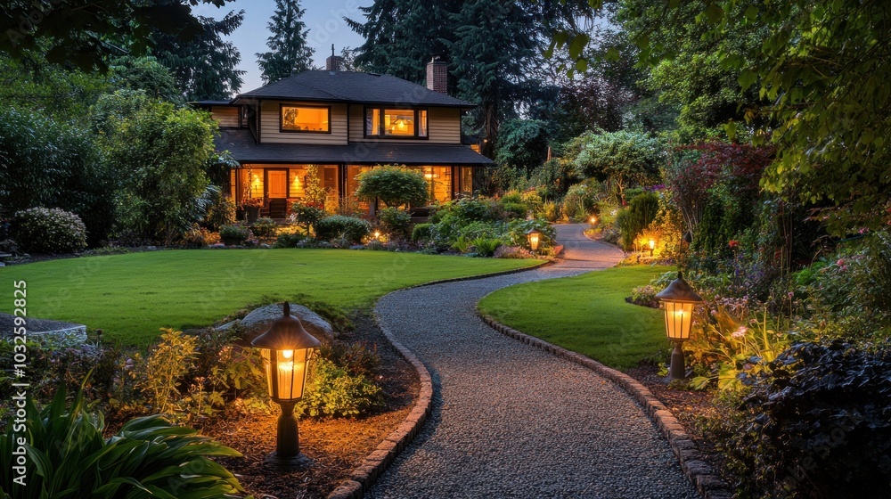 Fototapeta premium A serene garden pathway leading to a cozy illuminated house at dusk.