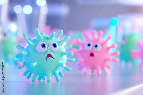 Playful cartoon bacteria with expressive faces in a medical lab under soft blue lighting