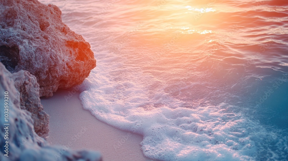 Fotografie Serene sunset over gentle waves on a sandy beach