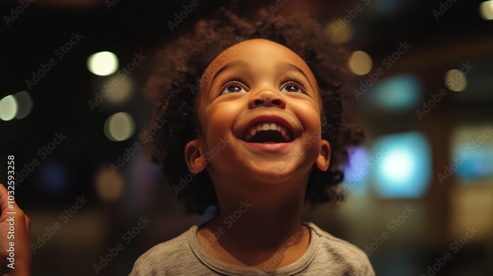 A young boy with a big smile looks up with wonder and excitement. A young boy with a big smile looks up with wonder and excitement.
