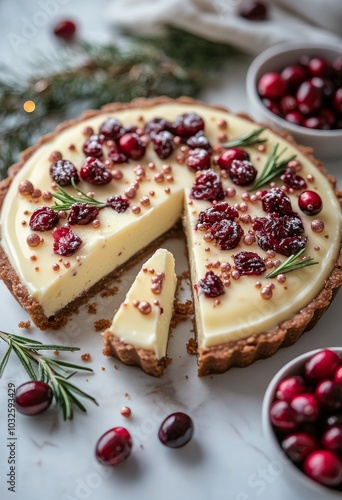 Delicious cranberry tart with chocolate crust garnished with fresh rosemary a...