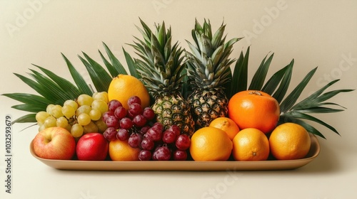 Vibrant assortment of fresh fruits on a decorative tray