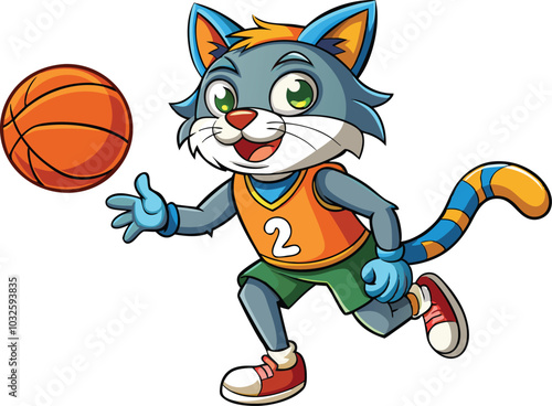 Funny cartoon cat playing basketball clipart vector