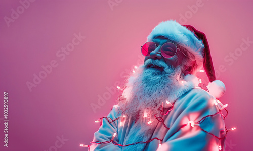 Positive smiling face Santa Claus with sparkling christmas lights decorations wrapped around him.