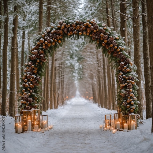 Beautiful winter wedding arch decorated with pinecones and lanterns in a snow...