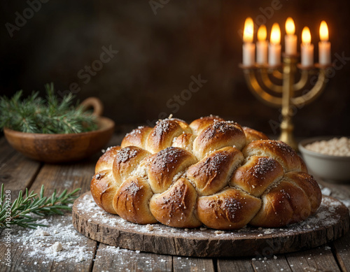 a baked challah bread with candles in menorah on a wooden table photo