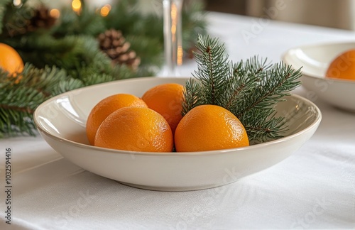 Oranges and pine branches arranged elegantly on a festive dining table during...
