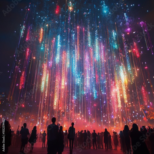 Spectacular colorful fireworks light up the night sky over a lively festival ...