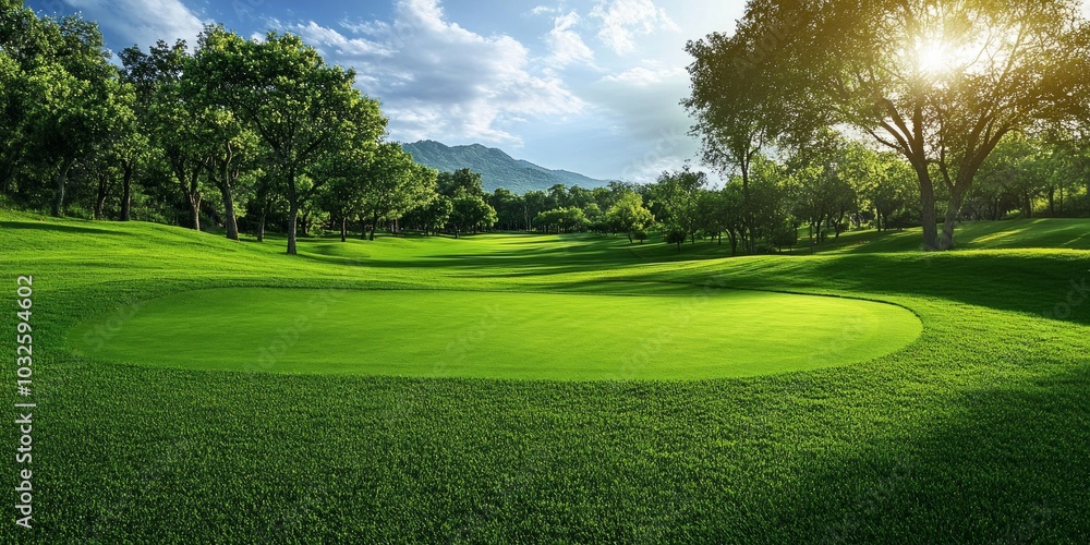 A serene golf course landscape showcasing vibrant green grass and trees under a bright blue sky. This image captures the tranquility and beauty of outdoor golfing. A serene golf course landscape showcasing vibrant green grass and trees under a bright blue sky. This image captures the tranquility and beauty of outdoor golfing.