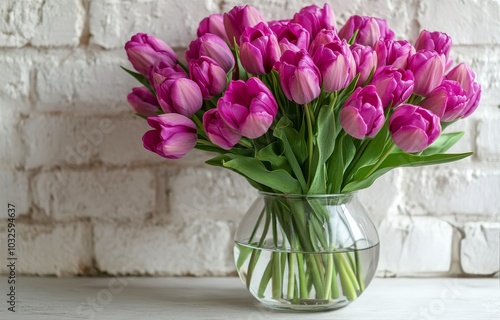A vibrant bouquet of pink tulips in a clear vase on a white brick background ...