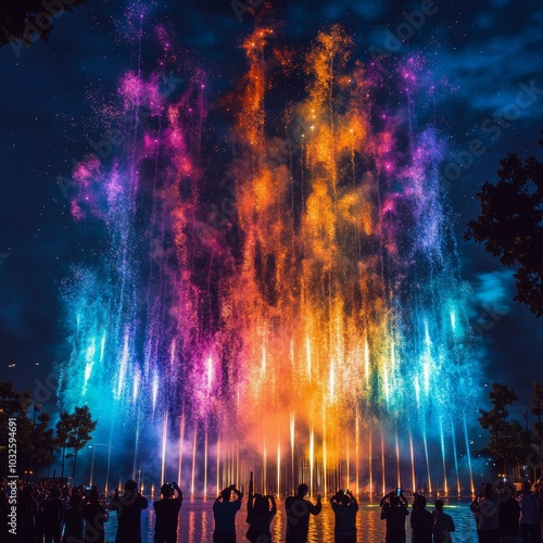 Spectacular colorful fireworks light up the night sky over a lively festival ...