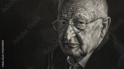 A charcoal portrait of a wise old banker reflecting on a lifetime of financial wisdom and experience in a dimly lit office