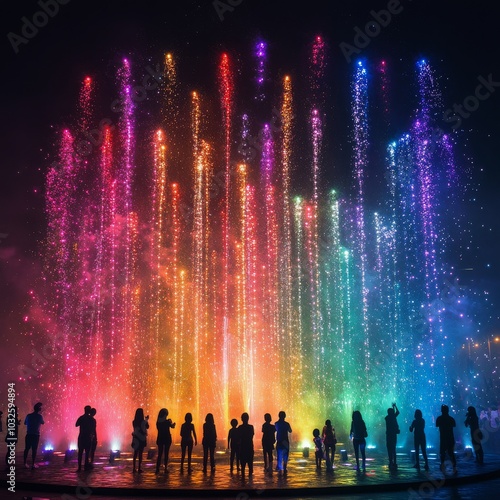 Spectacular colorful fireworks light up the night sky over a lively festival ...