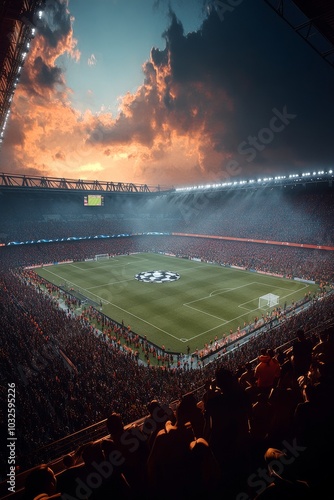 Exciting Champions League match in a packed stadium at sunset with dramatic c...
