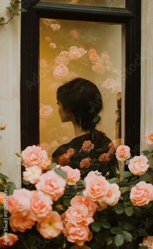 A woman walks past blooming pink roses near a charming doorway in a cozy gard...