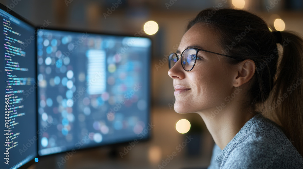 A focused person with glasses is working on a computer, surrounded by code on dual monitors in a softly lit room. A focused person with glasses is working on a computer, surrounded by code on dual monitors in a softly lit room.
