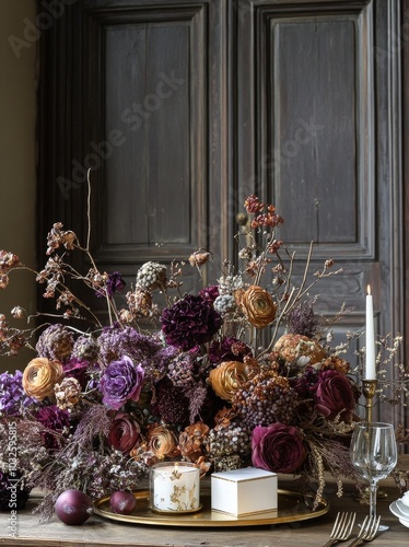 A tranquil arrangement of candles and dried flowers on a rustic wooden table ...