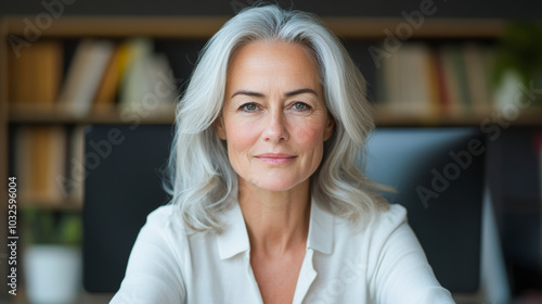 A confident woman with gray hair sits in an office, smiling gently. Books are visible on a shelf in the background.