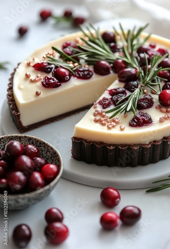Delicious cranberry tart with chocolate crust garnished with fresh rosemary a...