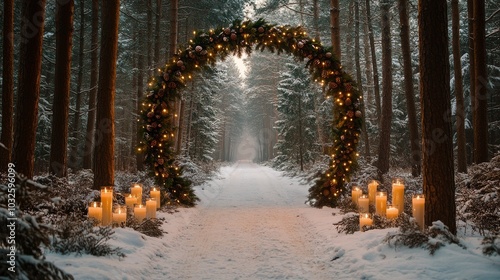 Winter wedding archway adorned with pinecones and greenery in a snowy forest ...