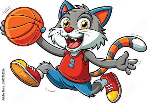 Funny cartoon cat playing basketball clipart vector