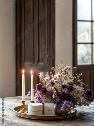 A tranquil arrangement of candles and dried flowers on a rustic wooden table ...