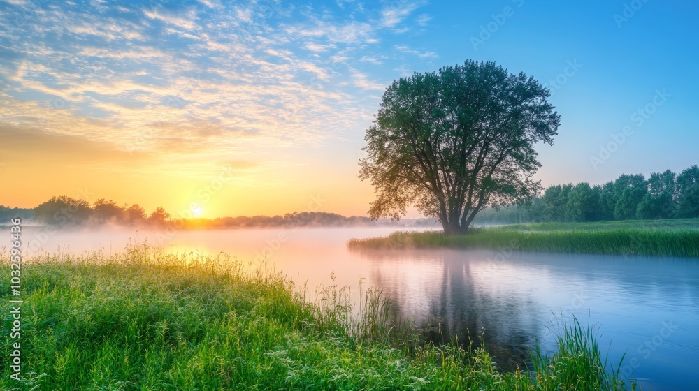 Obraz premium Serene sunrise over a misty river with lush greenery and a solitary tree.