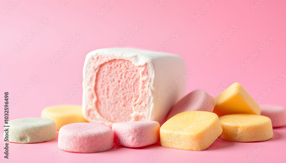 A square photo of a marshmallow rainbow candies design concept flat Layton a pastel pink background, Contemporary food art isolated with white highlights, png A square photo of a marshmallow rainbow candies design concept flat Layton a pastel pink background, Contemporary food art isolated with white highlights, png