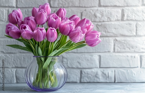 A vibrant bouquet of pink tulips in a clear vase on a white brick background ...