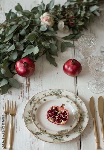 Elegant table setting with pomegranates and greenery for a festive gathering ...