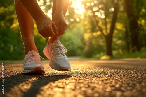 Jogger Tying Shoes on Sunlit Path in Vibrant Forest Setting